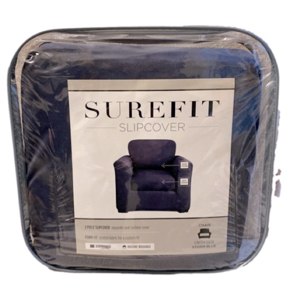 Sure Fit Stretch Suede Chair Slipcover 2 Piece Box Cushion Storm Blue NWT